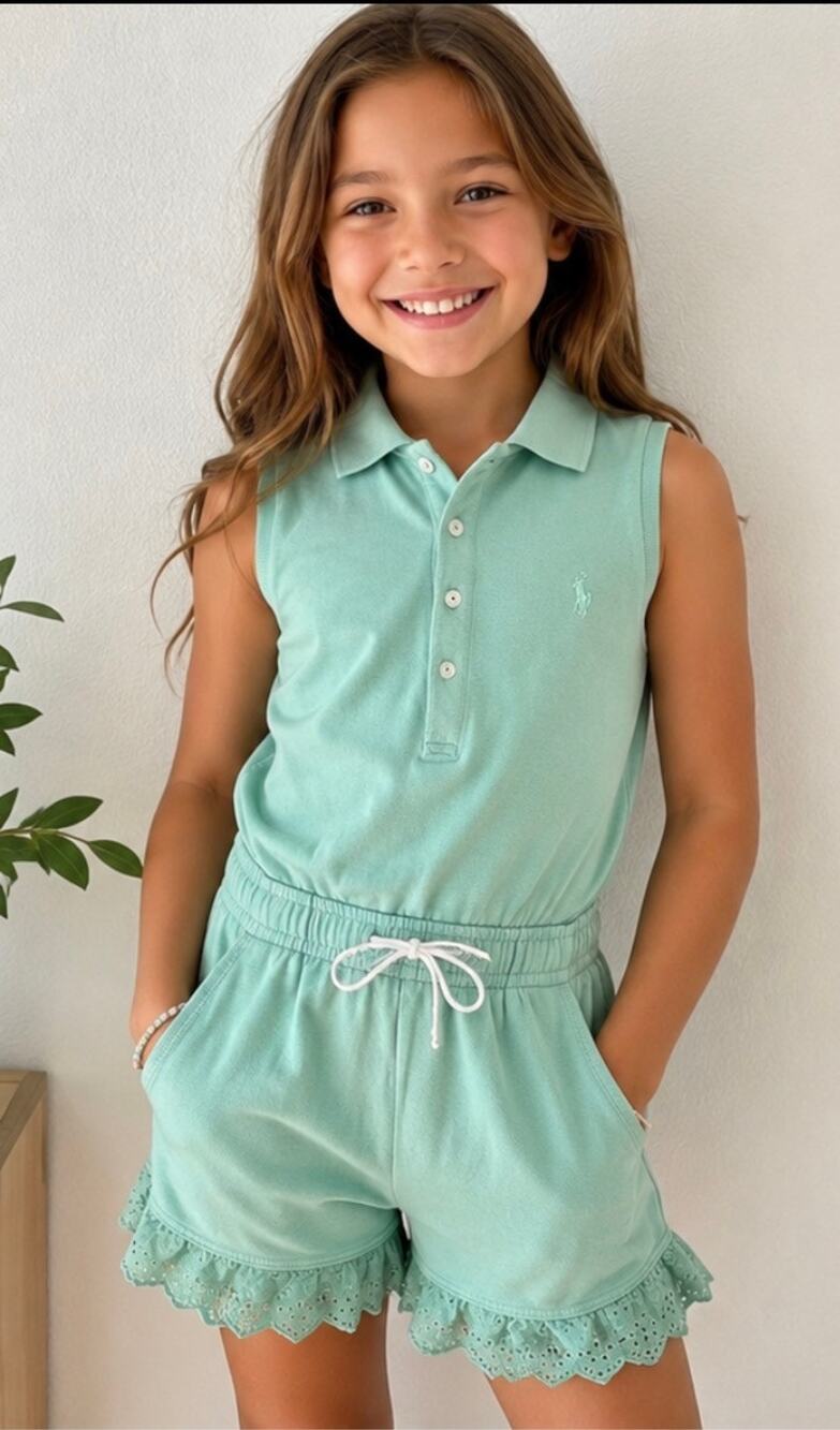 Polo Ralph Lauren Girls M 8-10 Mint Green Eyelet Ruffle Polo Romper